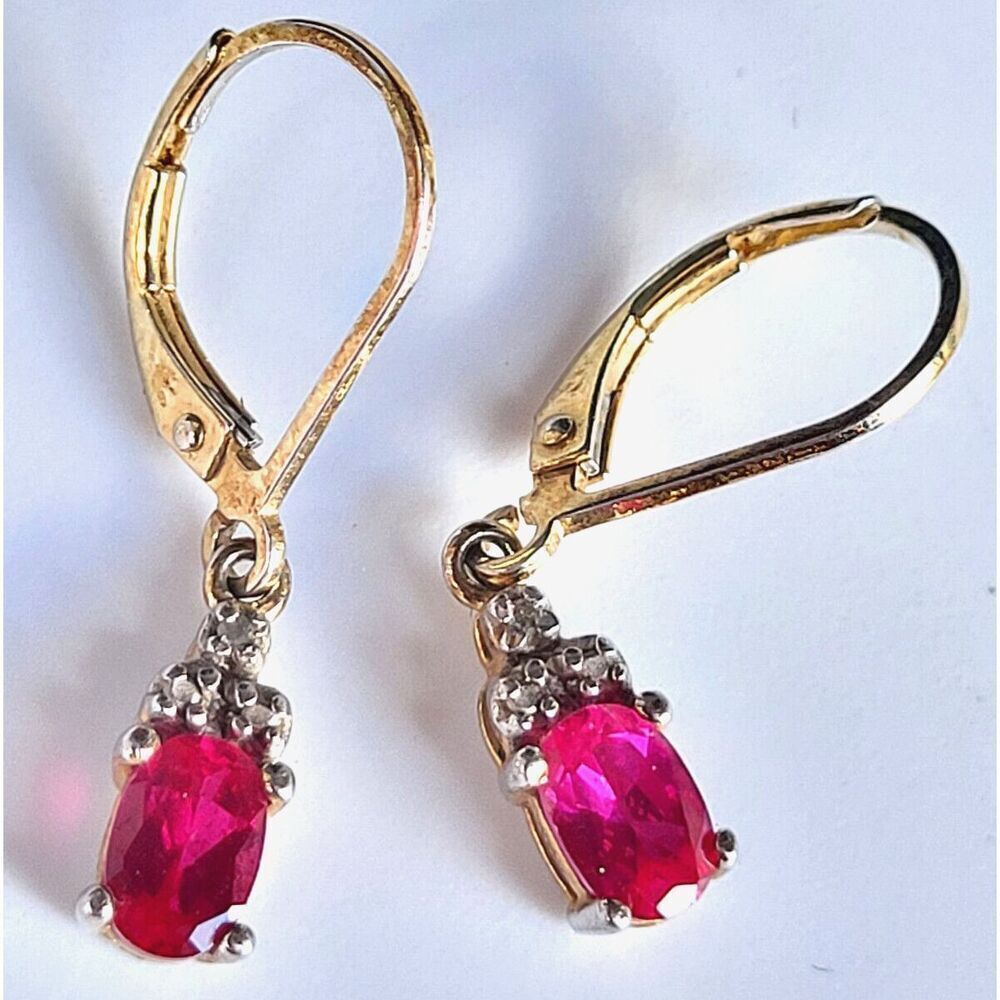 Swarovski Gold Vermeil 925 Dainty Lab Ruby Dangle Earrings with Leverback 1 in